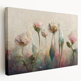 Stretched canvas artwork showcasing vibrant abstract florals in hues of blue, pink, and yellow, designed to enhance modern home decor with elegance and style.