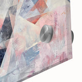 Close-up of a vibrant, abstract geometric design on acrylic glass, showcasing bold colors and intricate patterns, ideal for modern home decor or art collections.