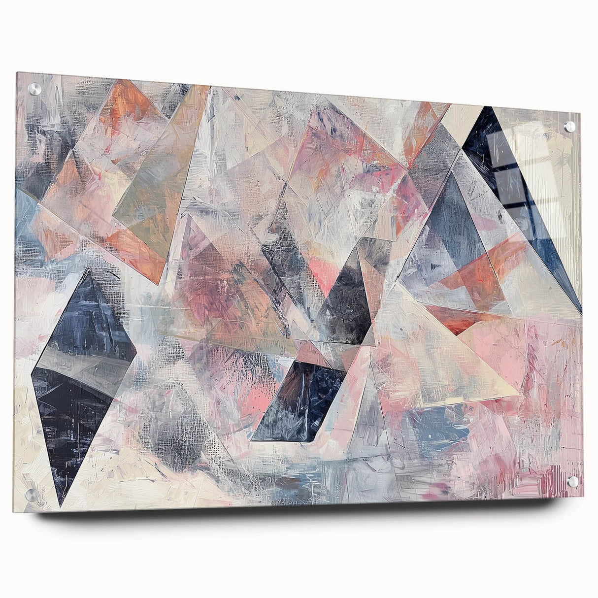 Abstract geometric acrylic glass artwork in vibrant colors, displayed from a side view with metallic pins securing it. Ideal for modern home decor.
