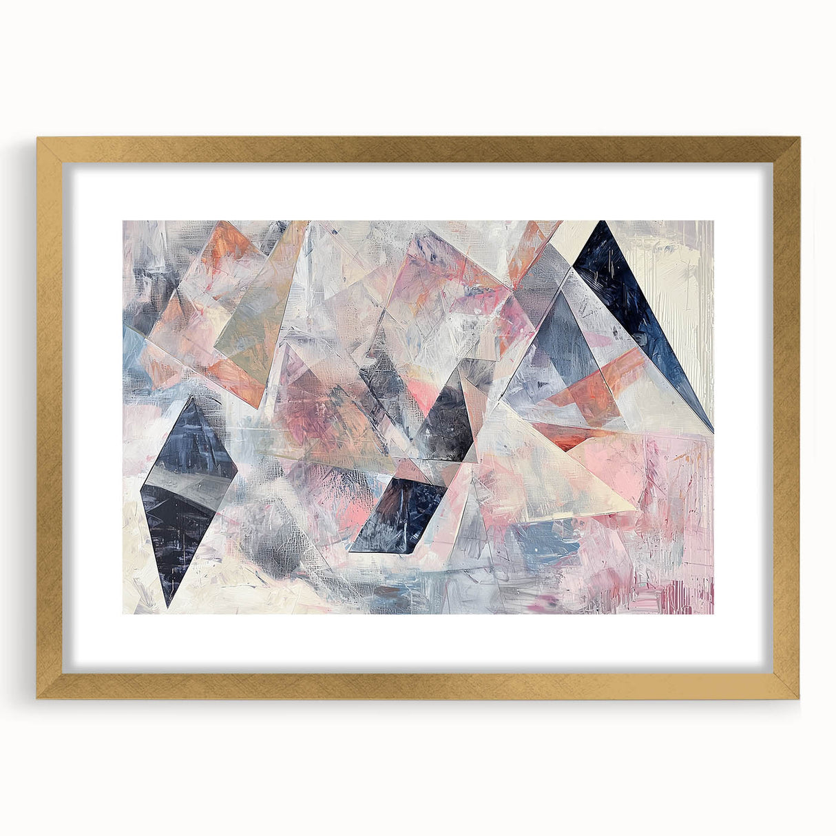 Abstract geometric frame in matte gold, showcasing a modern design perfect for contemporary decor. The frame highlights clean lines and elegant aesthetics, ideal for enhancing any interior space.