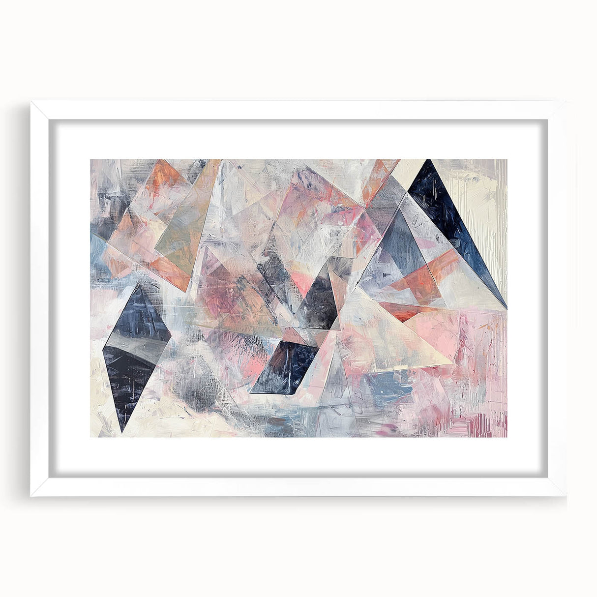 Abstract geometric frame with a white mat, showcasing a modern design suitable for contemporary home decor, emphasizing clean lines and vibrant colors. Ideal for displaying artwork or photos in stylish settings.