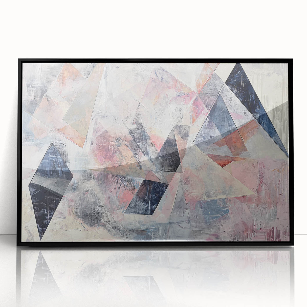 Abstract geometric framed acrylic artwork in black, showcasing sharp angles and modern design elements, perfect for contemporary decor and artistic expression.