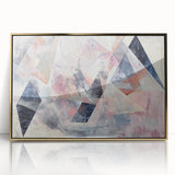 Framed acrylic wall art featuring an abstract geometric design in gold and white, perfect for modern home decor. Ideal for living rooms and offices.