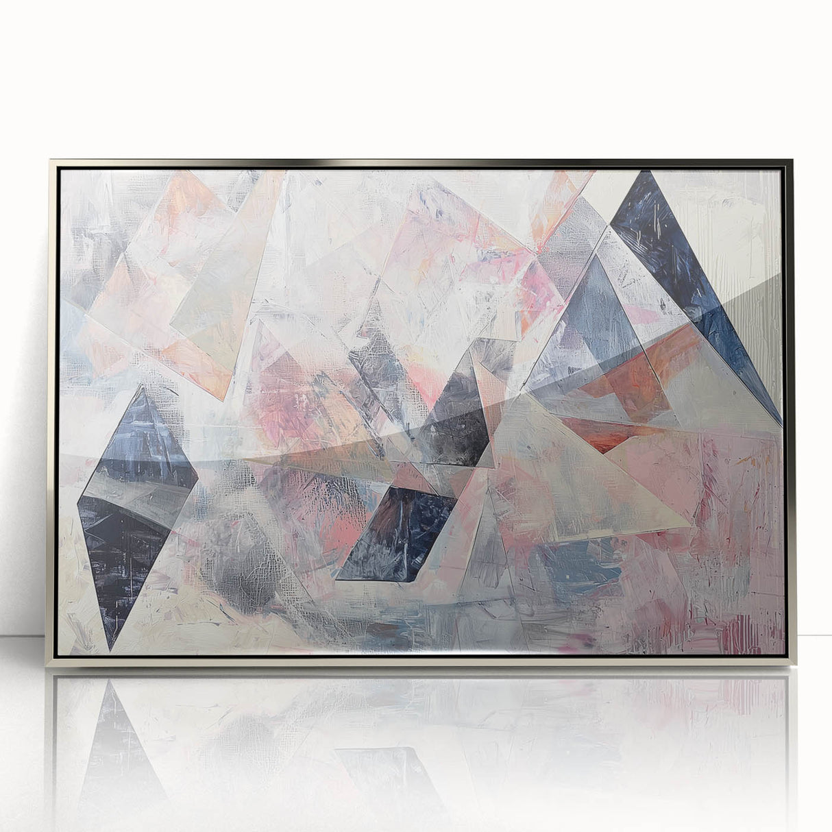 Framed abstract geometric wall art in silver acrylic, showcasing sharp angles and vibrant colors, ideal for modern decor in living spaces or offices.