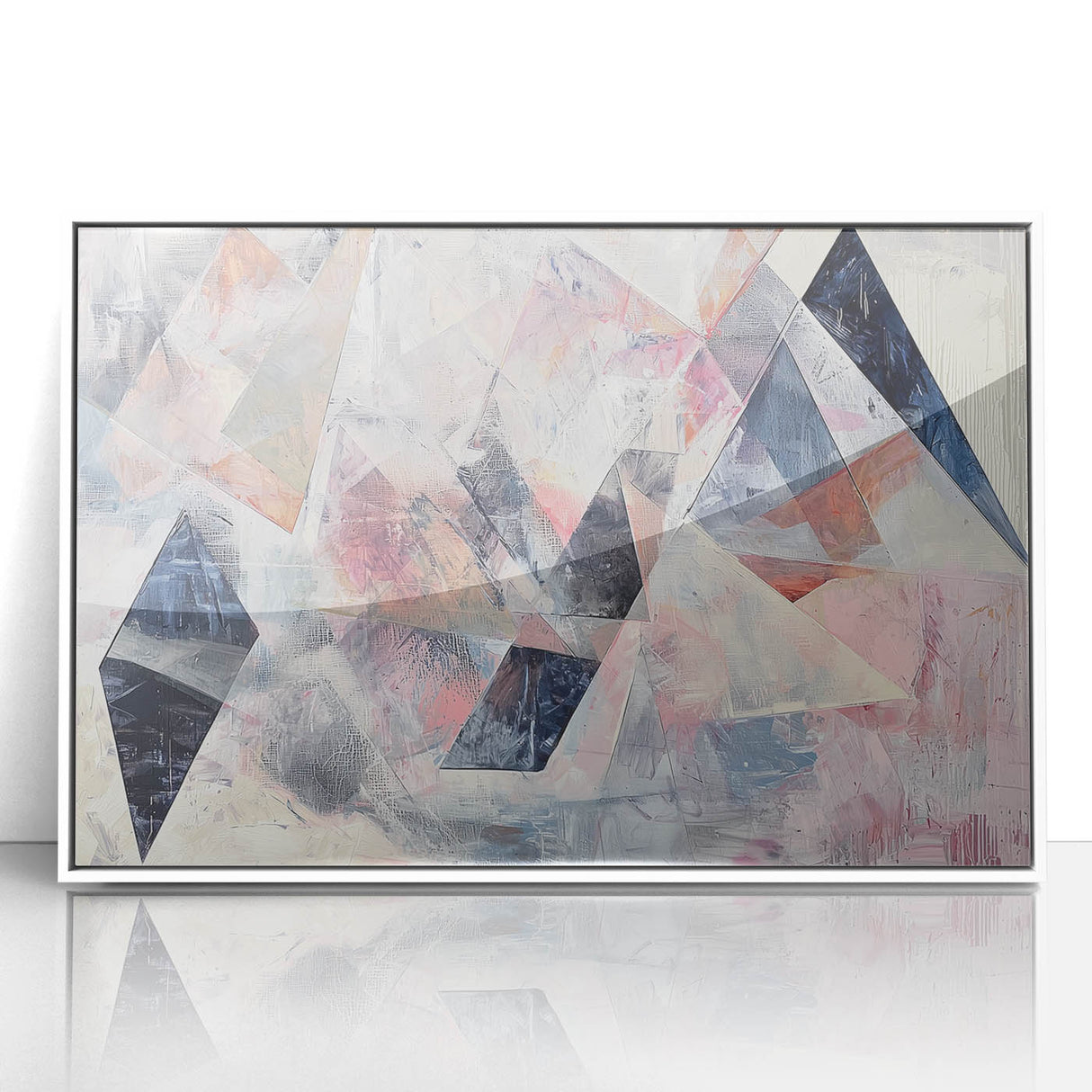 Framed abstract geometric acrylic art in white, showcasing bold shapes and modern design elements, perfect for contemporary home decor. Ideal for adding a stylish touch to living spaces.
