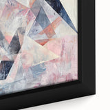 Close-up of a vibrant, abstract geometric framed canvas artwork showcasing bold colors and intricate patterns, perfect for modern home decor.