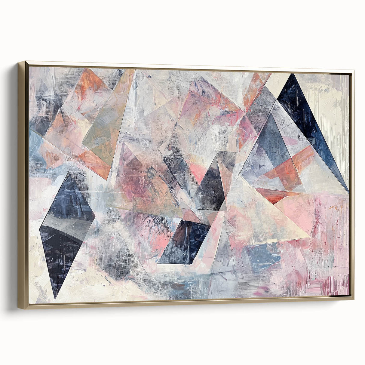 Abstract geometric framed canvas featuring a gold design, showcasing intricate patterns and textures from a side view, ideal for modern home decor.