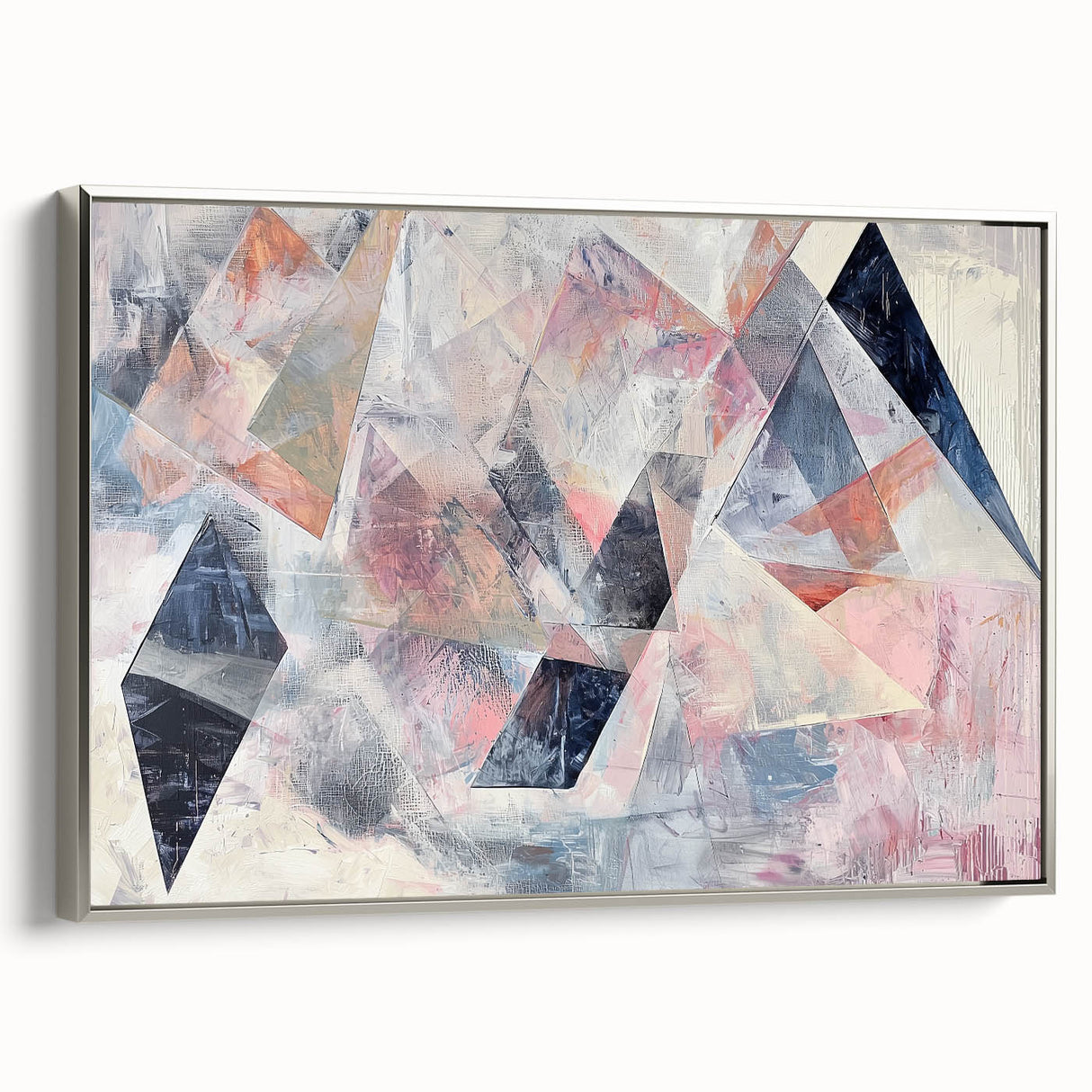 Framed abstract geometric canvas artwork in silver with a modern side view, showcasing intricate patterns and vibrant colors, perfect for contemporary home decor.