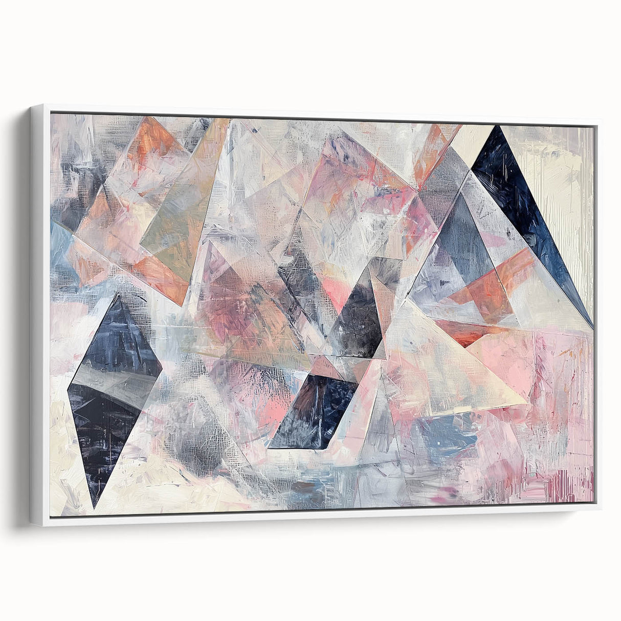 Abstract geometric framed canvas artwork in a sleek white frame, showcasing bold shapes and colors, perfect for modern home decor or office spaces. The side view highlights its depth and design, ideal for enhancing contemporary interiors.