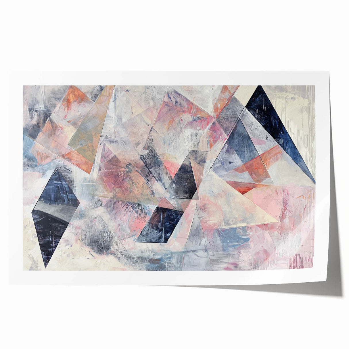 Abstract geometric rolled print showcasing vibrant colors and intricate shapes, elegantly packaged in a protective cardboard tube, perfect for modern decor enhancement.