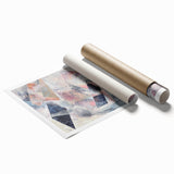 Abstract geometric rolled print showcasing vibrant blue, orange, and yellow shapes on textured canvas, elegantly packaged in a protective cardboard tube for art enthusiasts.