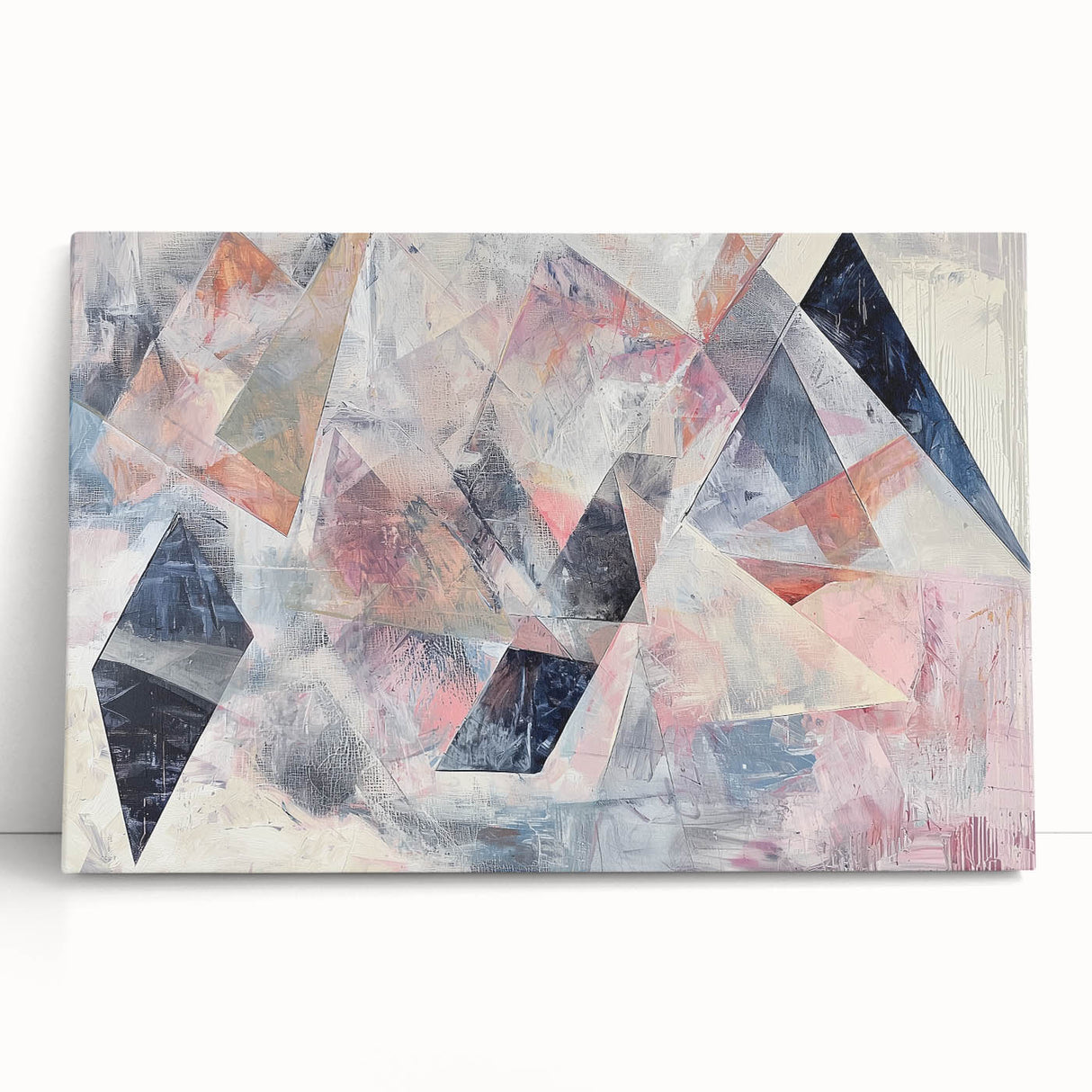 Abstract geometric stretched canvas artwork showcasing vibrant colors and dynamic shapes, leaning against a textured wall, ideal for modern home decor.