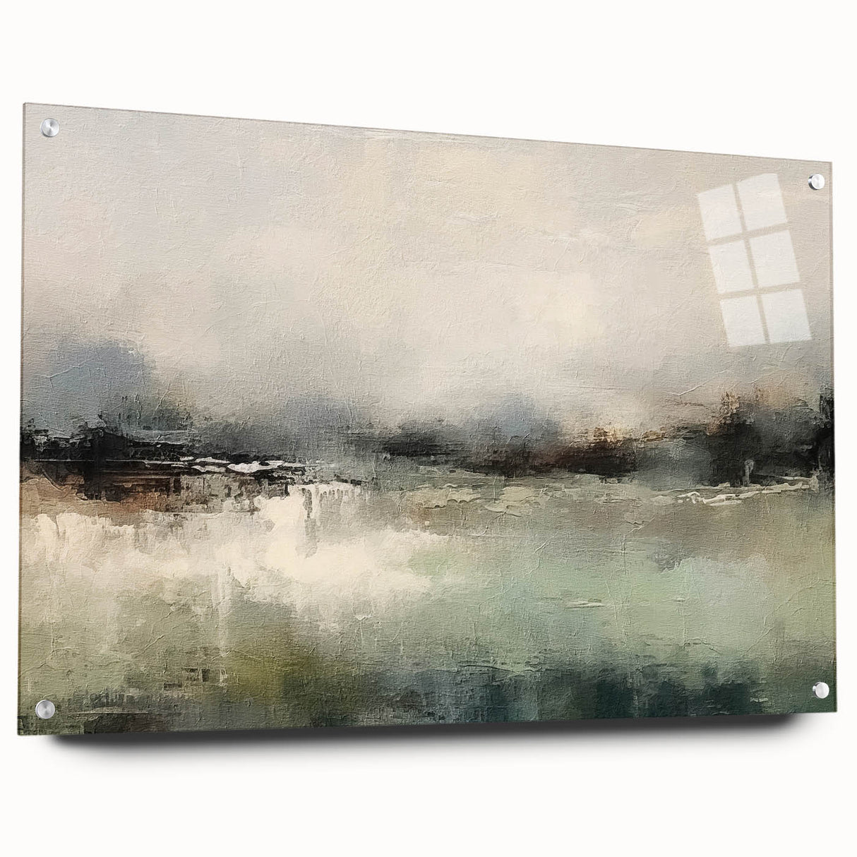 Abstract landscape wall art displayed in an acrylic glass frame, showcasing vibrant colors and intricate details, perfect for modern home decor enhancement.