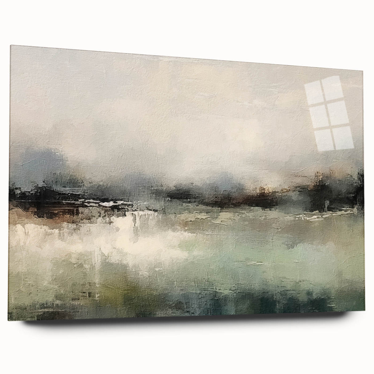 Abstract landscape wall art displayed in acrylic glass, showcasing vibrant colors and fluid shapes, ideal for modern home decor. Perfect for enhancing any interior space.