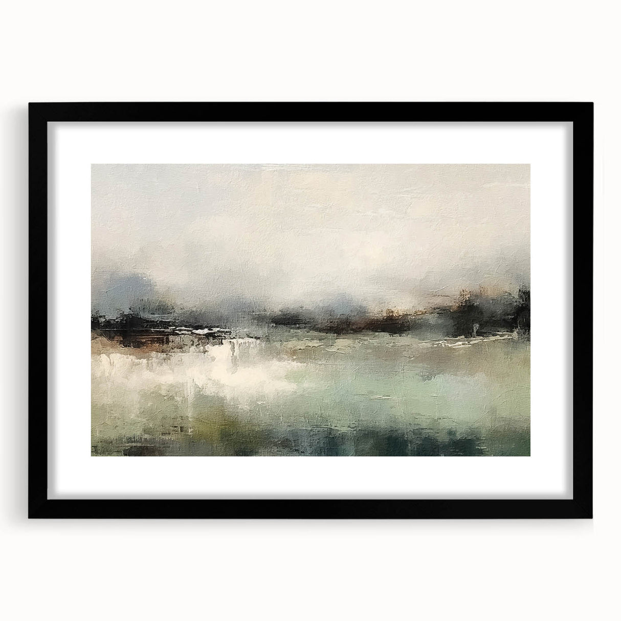 Abstract landscape wall art in a sleek black frame with a white mat, showcasing vibrant colors and dynamic shapes, perfect for modern home decor.