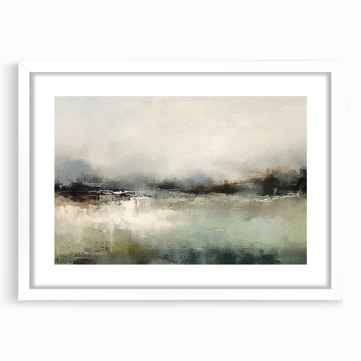 Abstract landscape wall art framed with a white mat, showcasing serene colors and modern design elements, perfect for home decor enhancement.