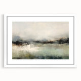 Abstract landscape wall art framed with a white mat, showcasing serene colors and modern design elements, perfect for home decor enhancement.