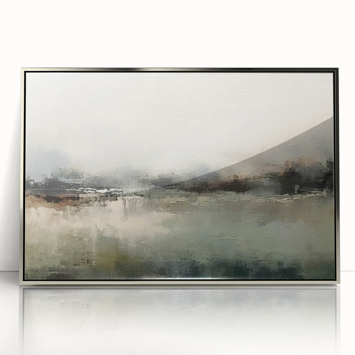 Framed acrylic wall art depicting an abstract landscape design with silver accents, showcasing vibrant colors and fluid shapes, perfect for modern decor.