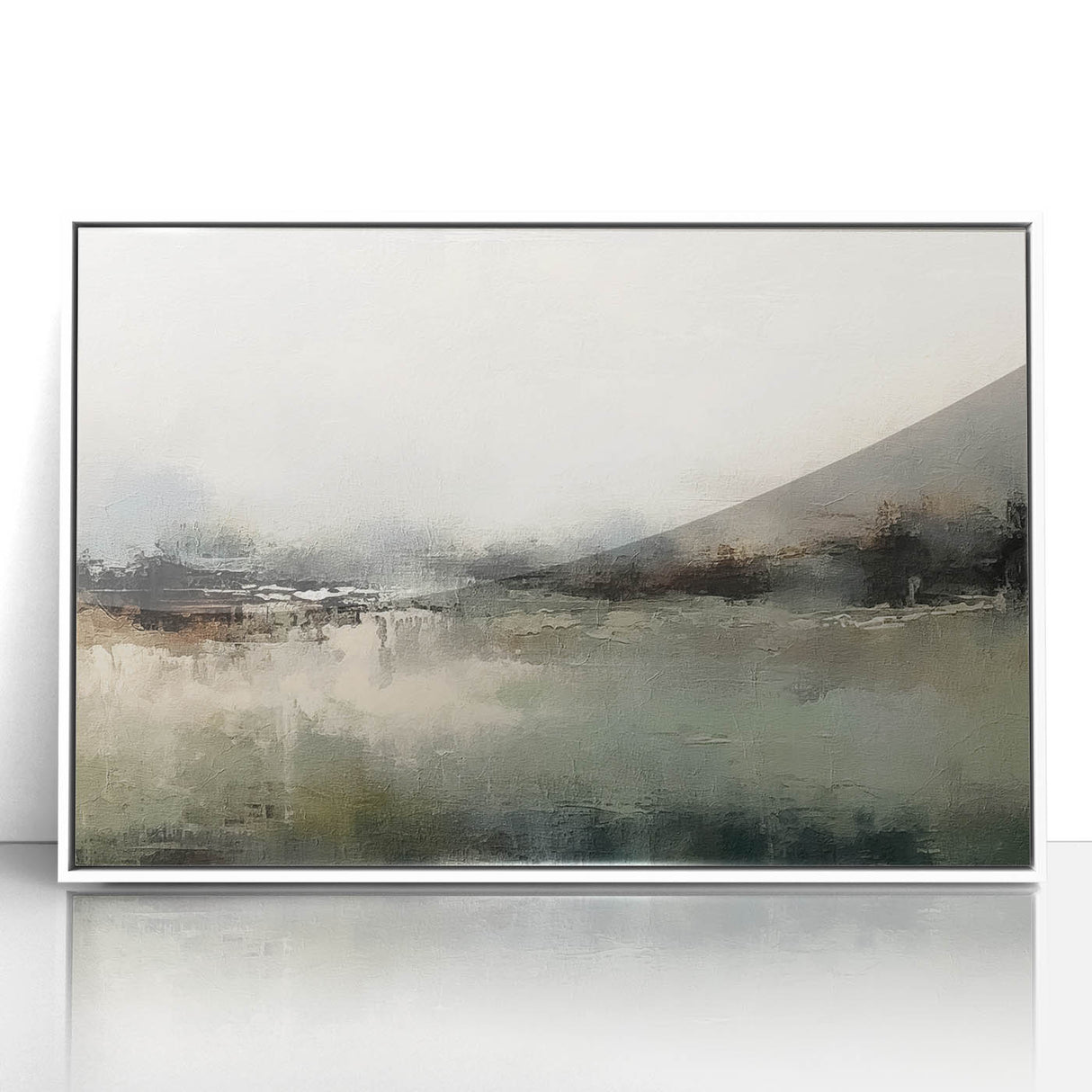 Framed abstract landscape wall art in white acrylic, showcasing vibrant colors and dynamic shapes, perfect for modern home decor. Ideal for art enthusiasts looking to enhance their living space with a contemporary touch.