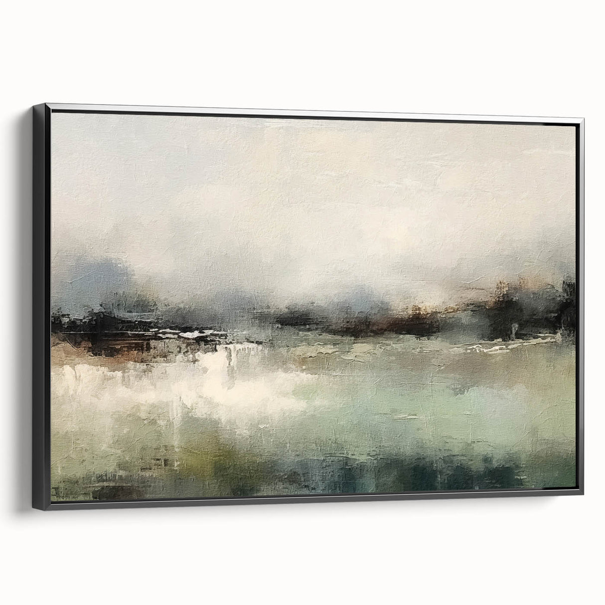 Framed abstract landscape wall art featuring bold colors and intricate textures, showcasing a modern aesthetic with a sleek black frame, ideal for contemporary decor.