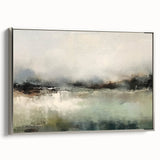 Framed abstract landscape wall art on canvas with a silver frame, showcasing vibrant colors and fluid shapes, ideal for modern home decor.