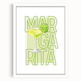 Abstract art print featuring assorted food and drinks in vibrant colors on a white framed mat.