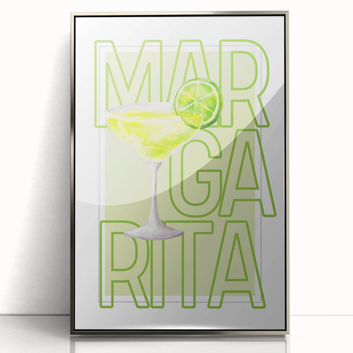 Large art print of a mid-century modernist food and drinks theme in muted colors, framed in silver acrylic.