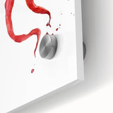 Close-up of large abstract fruit-themed art print in vibrant colors on acrylic glass, suitable for dining room decor.