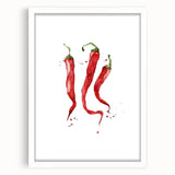 Abstract art print of assorted fruits in vibrant colors, white framed with mat, suitable for dining room decor.