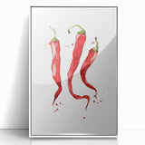 Modern art wall decor featuring a variety of colorful fruits on a white acrylic framed poster, ideal for kitchen or nursery.