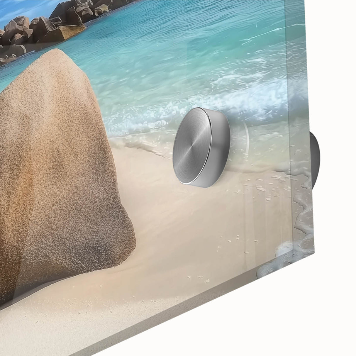 Close-up of a vibrant acrylic and glass artwork depicting a serene beach landscape, showcasing intricate details and vivid colors that evoke a sense of tranquility and escape.