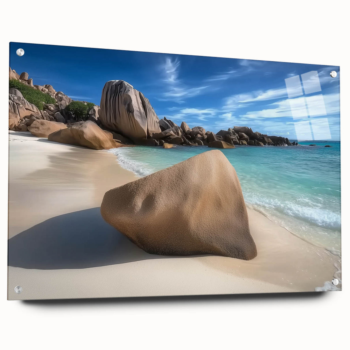 Acrylic glass artwork depicting a vibrant beach landscape, showcasing colorful skies and azure waters, presented in a sleek side view with decorative pins.