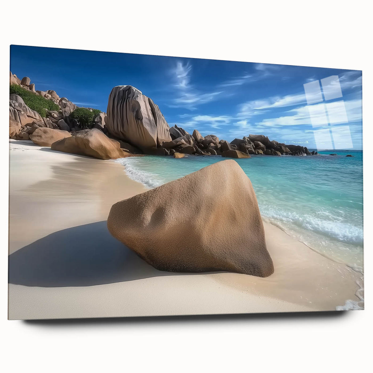 Acrylic glass artwork showcasing a vibrant beach landscape scene with vivid colors, viewed from the side without pins, ideal for coastal home decor.