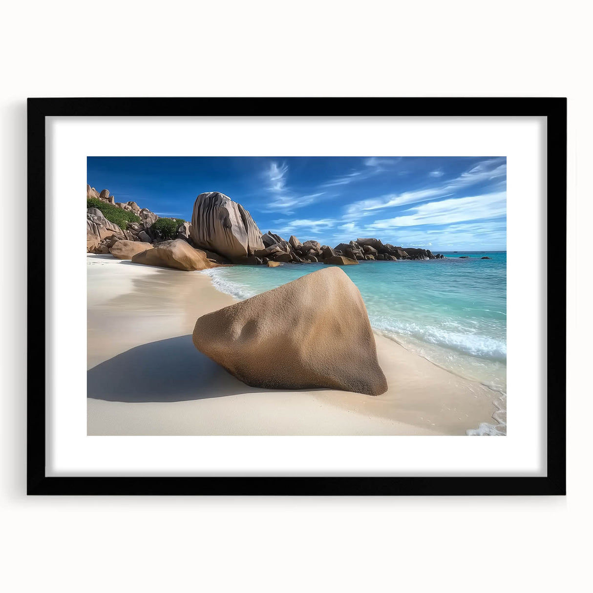 Black-framed landscape artwork depicting serene beaches, featuring a white mat for a polished look, ideal for home decor or beach-themed interiors.