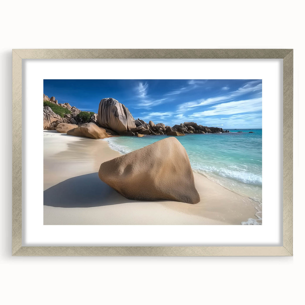 Silver-framed landscape artwork depicting serene beaches, complete with a white mat for an elegant touch, ideal for enhancing home decor and relaxation themes.