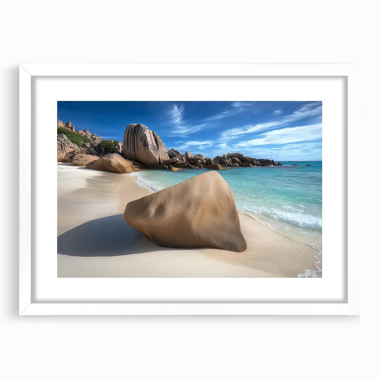 White-framed landscape artwork featuring serene beach scenery with gentle waves and a clear sky, designed to enhance home decor and evoke tranquility.
