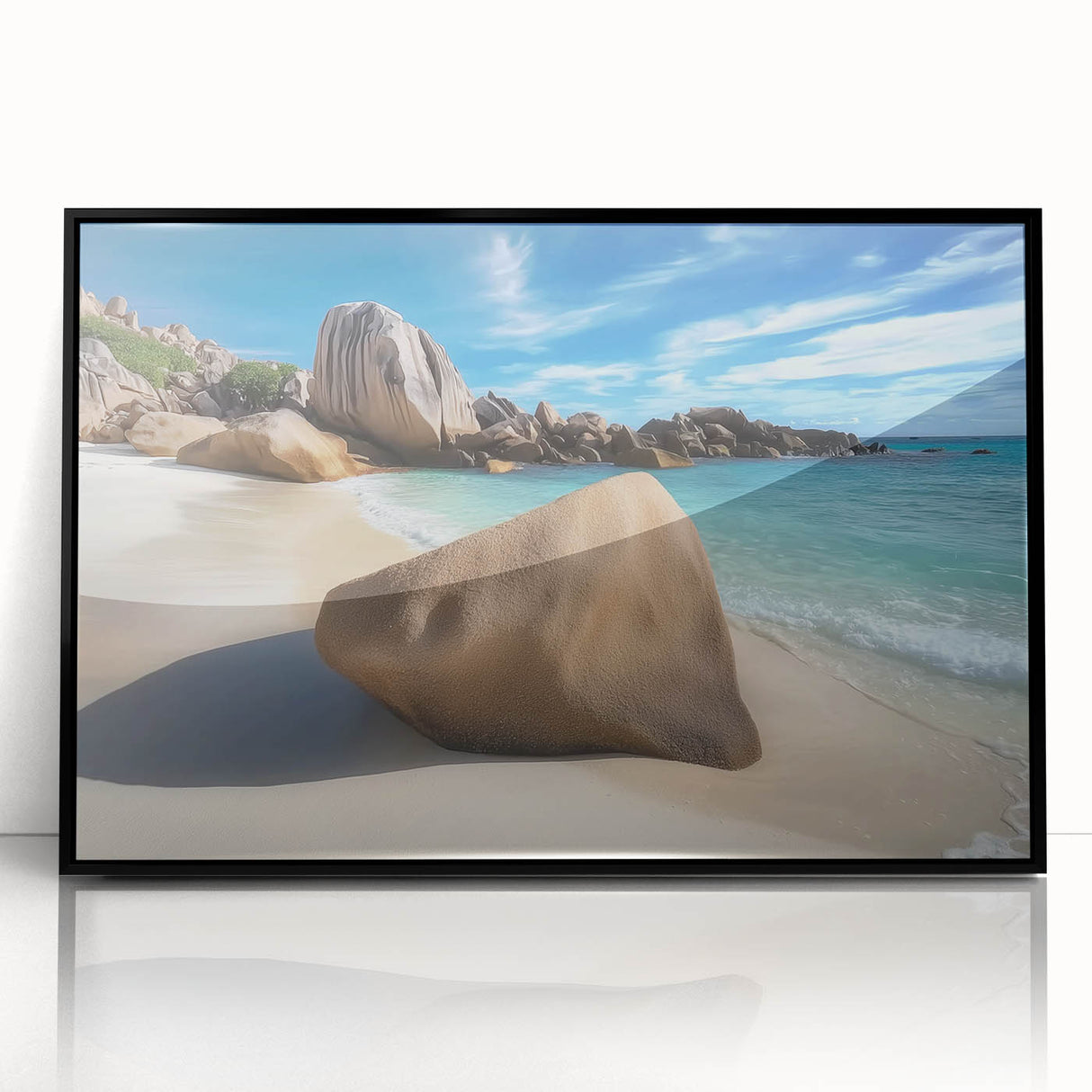 Framed acrylic landscape artwork depicting serene beaches with vibrant colors and detailed textures, presented in a sleek black frame for elegant decor.