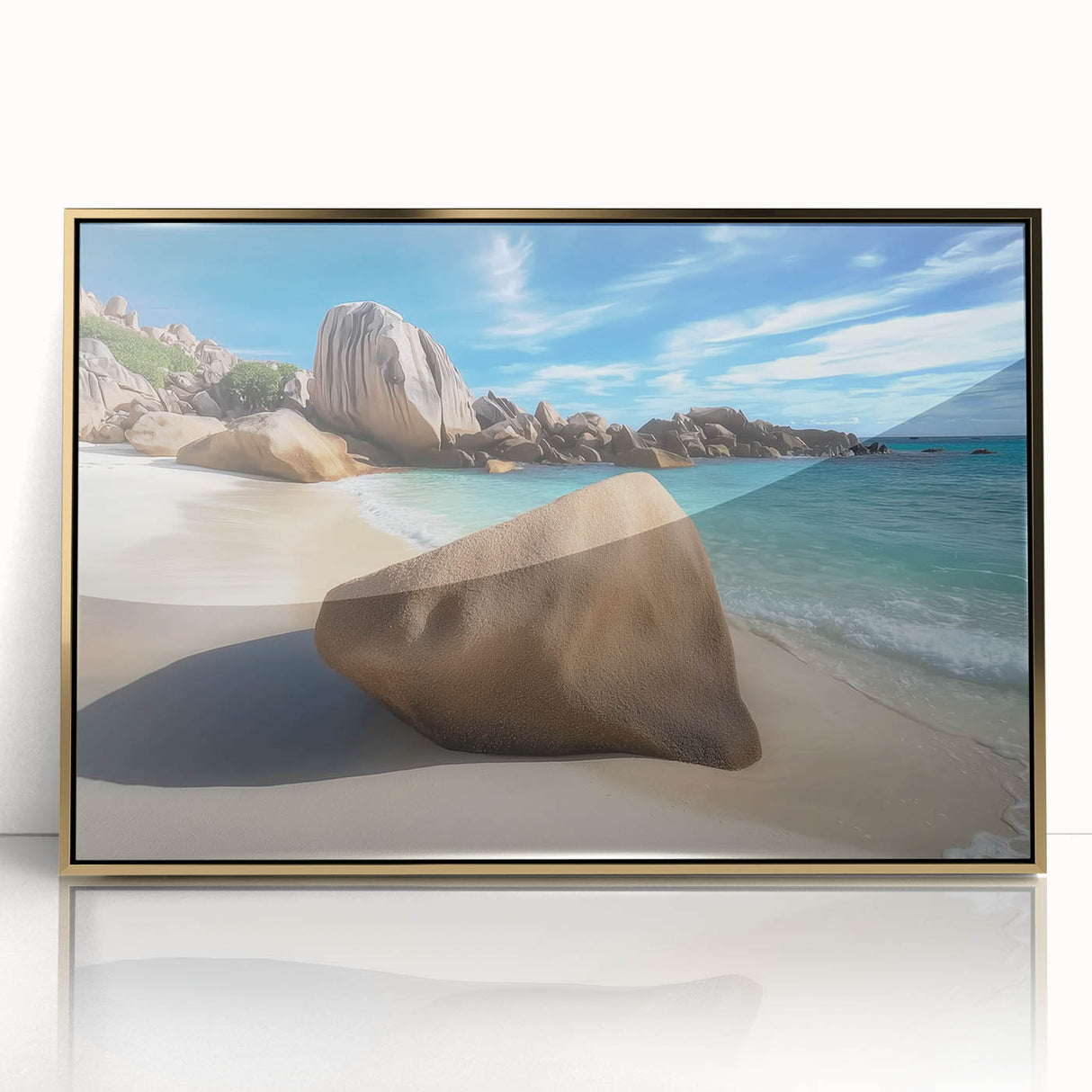Framed acrylic artwork depicting a serene beach landscape, showcasing soft waves and golden sunset hues, perfect for coastal decor in modern spaces.