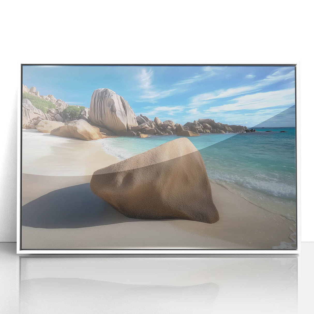 Framed acrylic artwork depicting a serene beach landscape with vibrant colors, set in a sleek white frame, perfect for home decor or coastal-themed interiors.