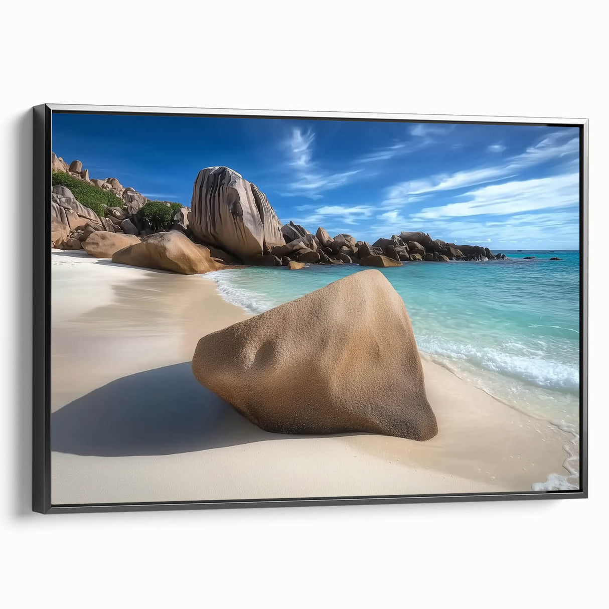 Framed canvas artwork depicting a serene beach landscape with vibrant colors and gentle waves, showcasing a black frame side view, ideal for home decor.