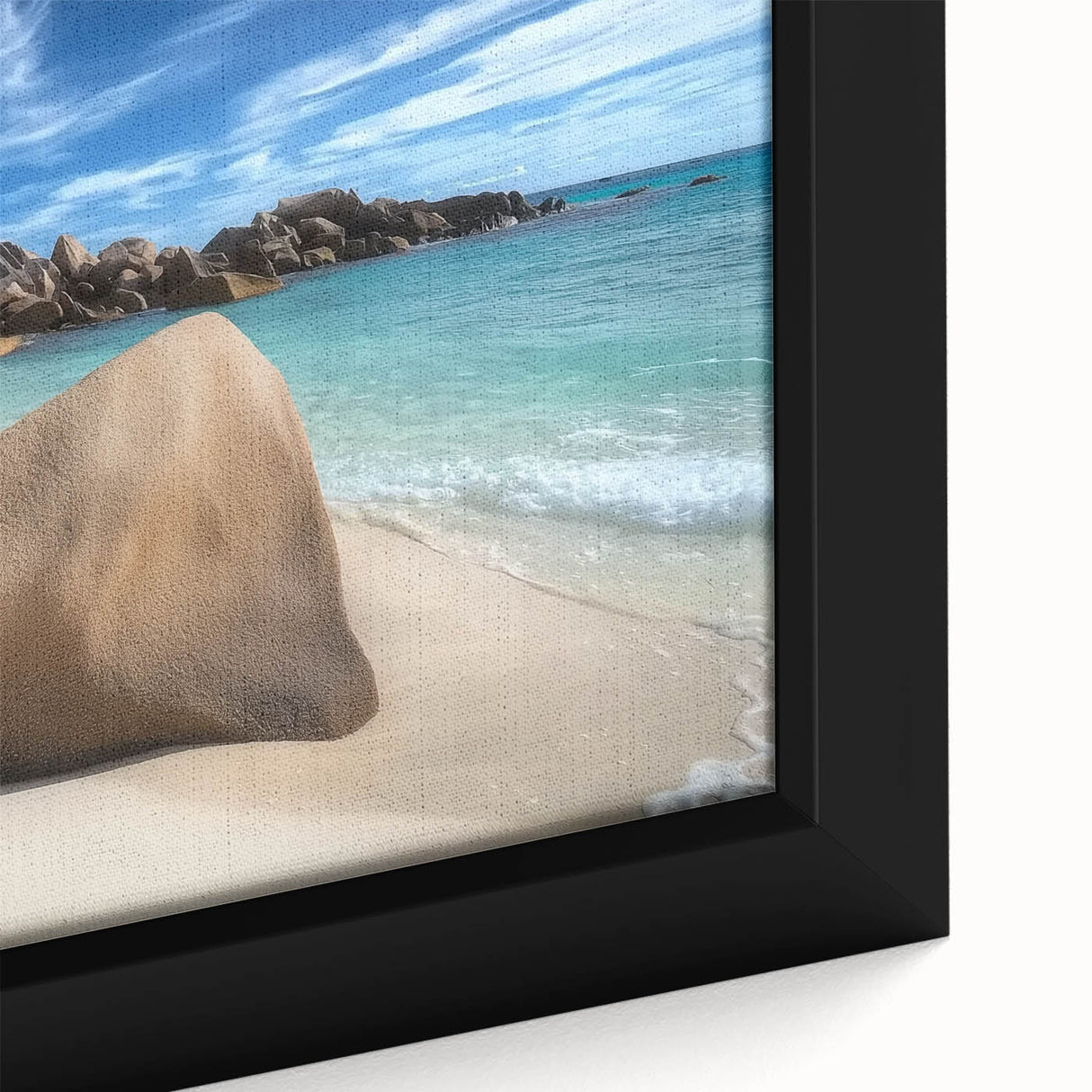 Framed canvas artwork depicting a serene beach landscape, showcasing vivid colors and detailed textures, perfect for enhancing home decor with a coastal theme.