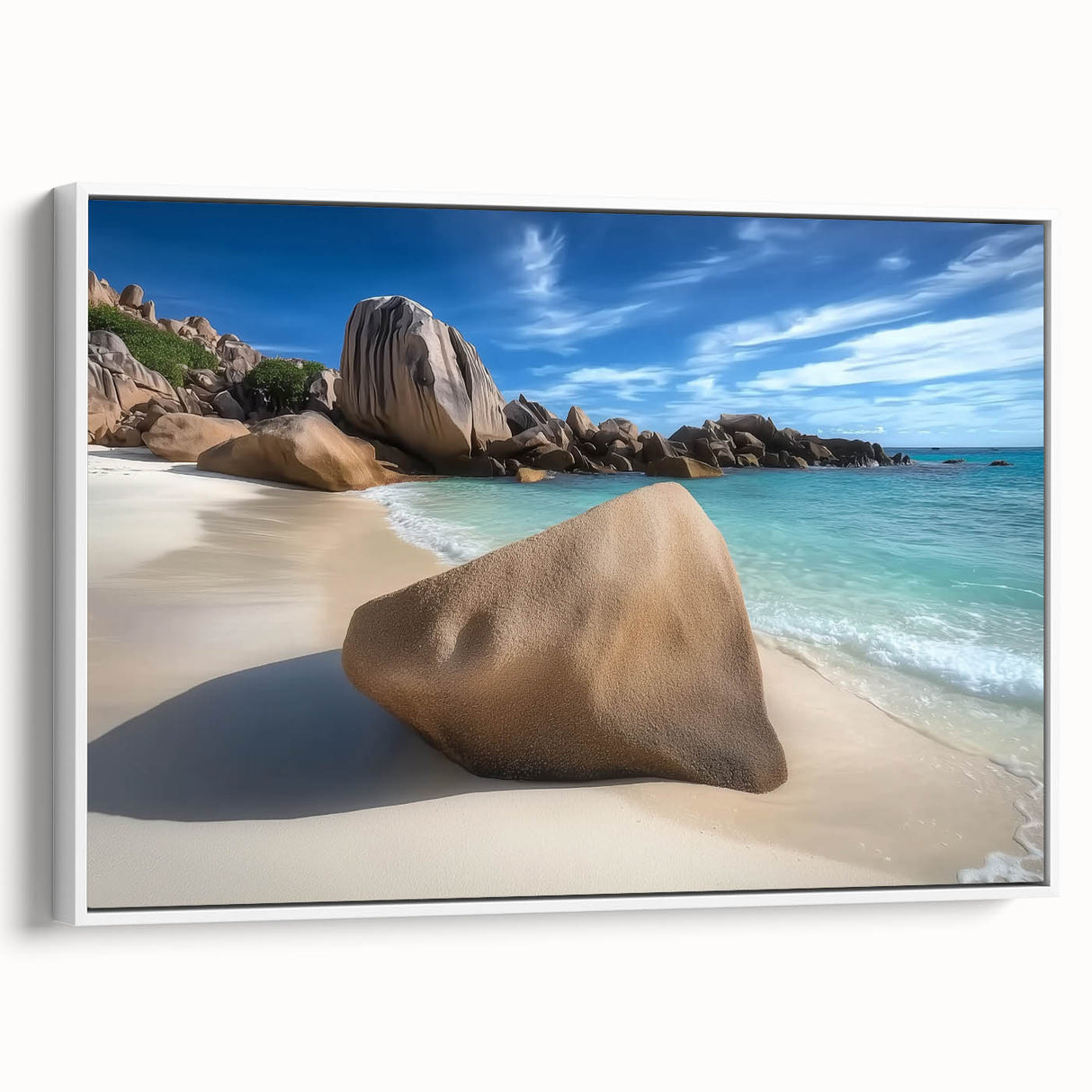 Framed canvas artwork showcasing a scenic beach landscape with vibrant colors, displayed in a sleek white frame, perfect for coastal home decor. The piece evokes a tranquil atmosphere, ideal for enhancing living spaces.
