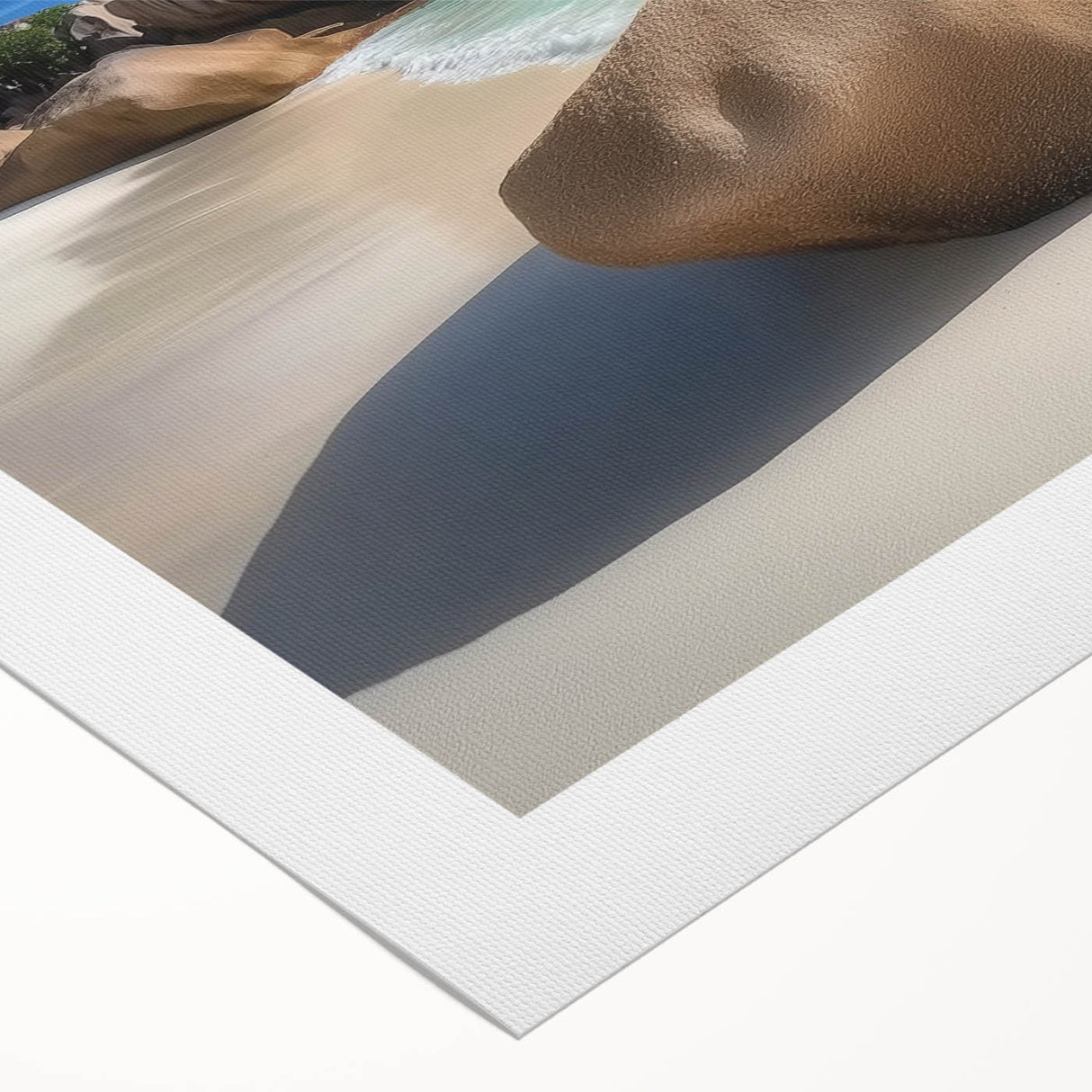 Vibrant rolled canvas artwork depicting a serene beach landscape with vivid blue skies and golden sand, elegantly packaged in a protective cardboard tube.