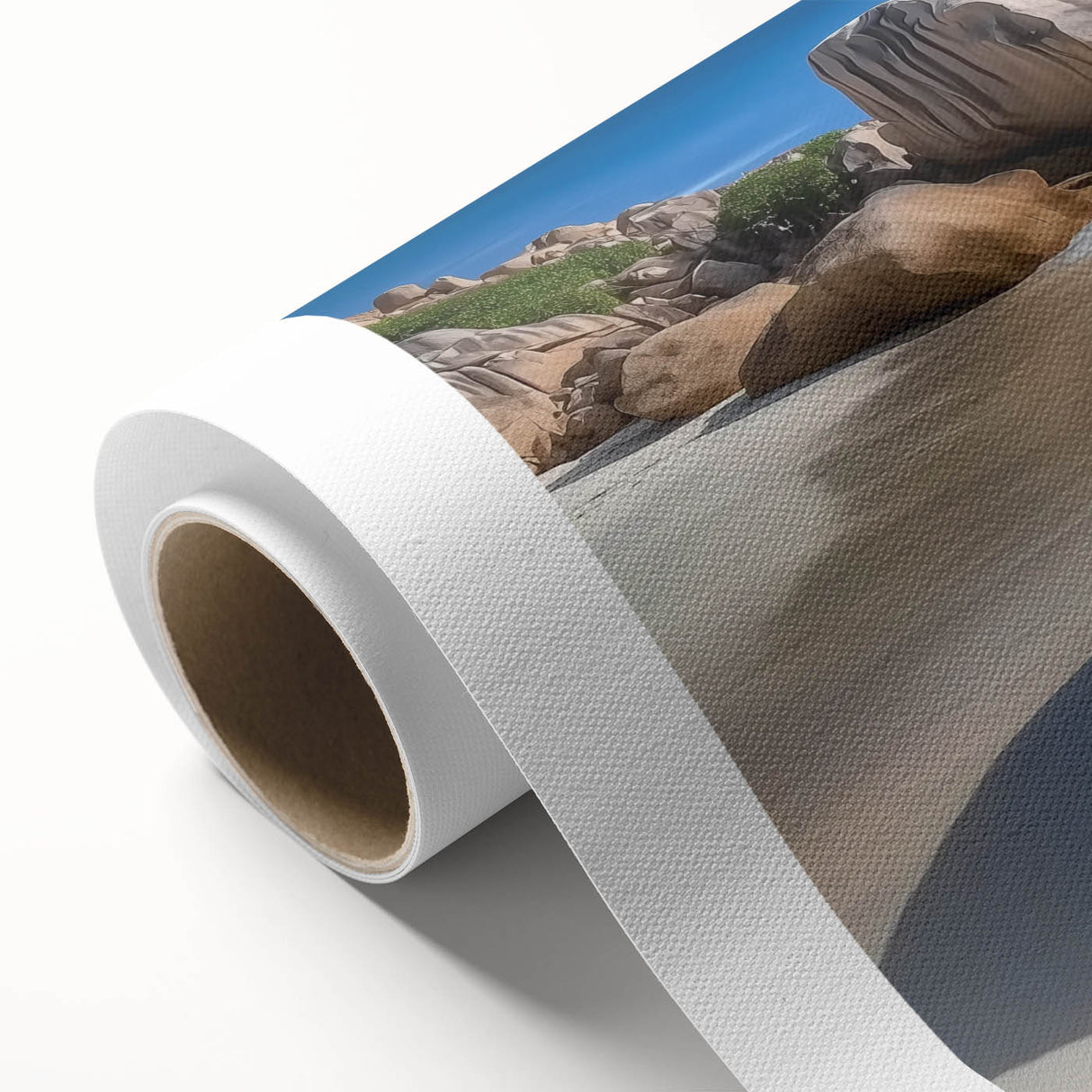 Vibrant landscape canvas print showcasing a serene beach scene with soft waves and a colorful sunset, rolled for easy transport and display. Perfect for coastal decor enthusiasts.