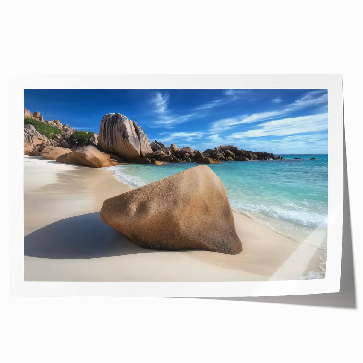 Rolled landscape print depicting serene beaches with vibrant colors and gentle waves, elegantly packaged in a protective cardboard tube for easy shipping and display.