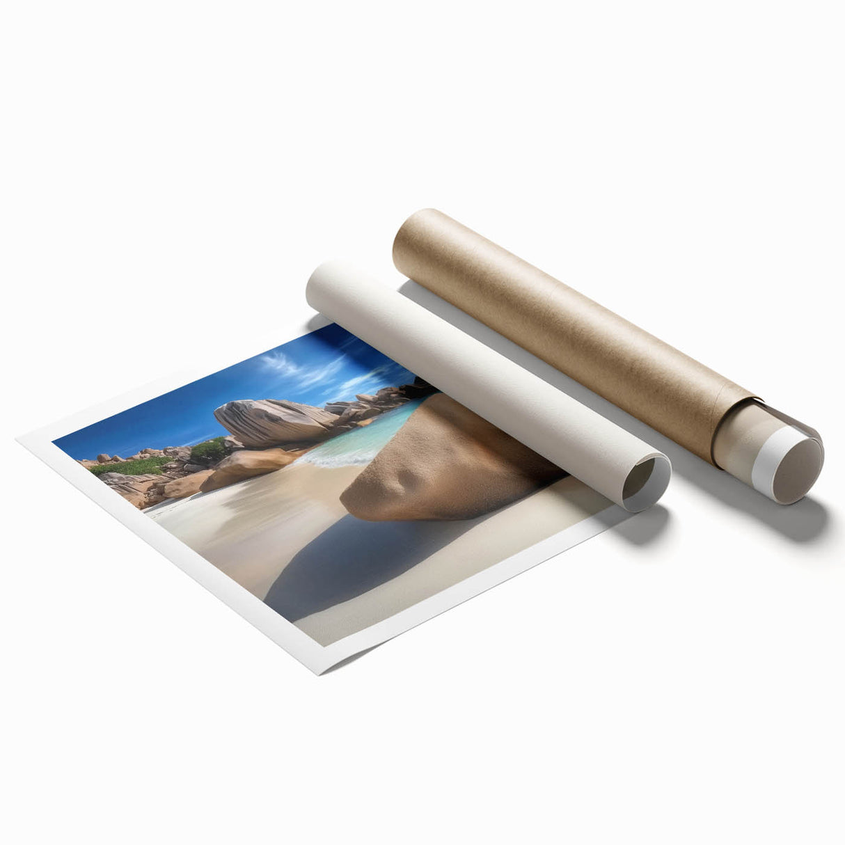 Vibrant landscape artwork depicting serene beaches with soft waves and clear skies, rolled and packaged in a protective cardboard tube, ideal for home decor.