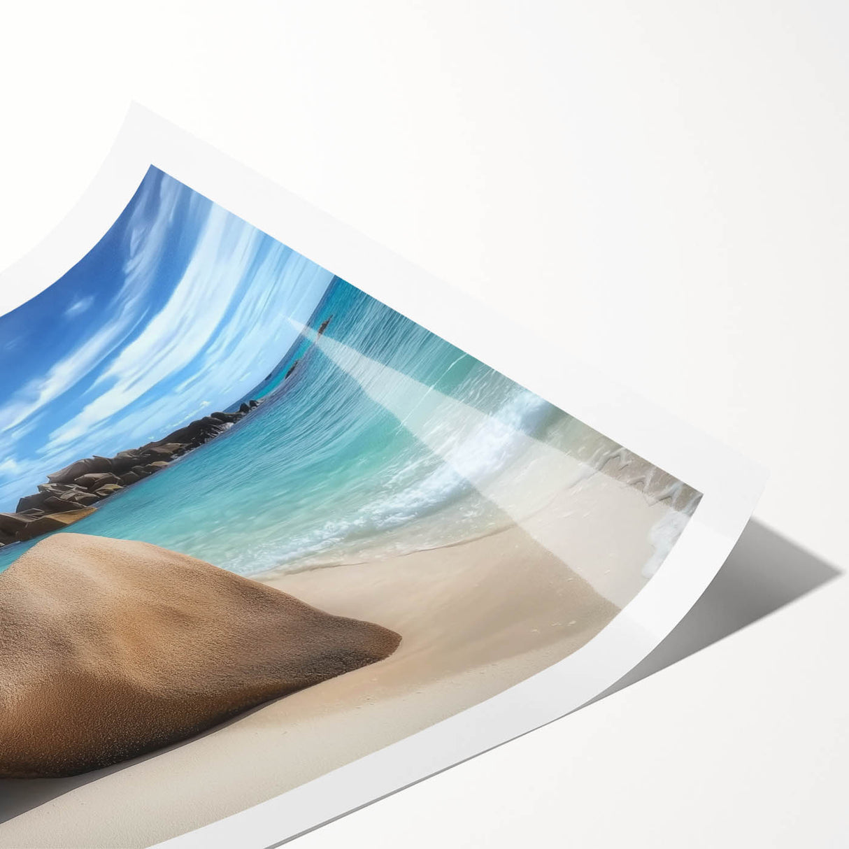 Vibrant landscape print depicting serene beaches with gentle waves and a clear sky, rolled and ready for framing, perfect for coastal-themed decor.
