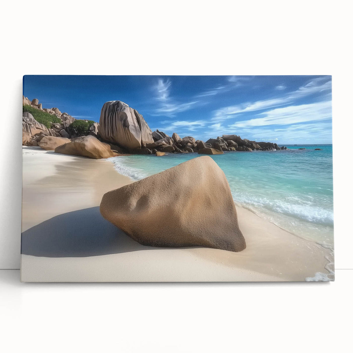 Stretched canvas artwork depicting a vibrant beach landscape, featuring soft waves and a colorful sunset, perfect for adding a serene coastal vibe to any room.