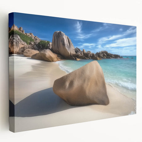 Stretched canvas artwork depicting a vibrant beach landscape with waves, palm trees, and a sunset. Ideal for coastal-themed decor, enhancing living spaces with a serene vibe.