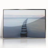 Framed acrylic artwork depicting a serene landscape with a bridge, featuring silver tones and intricate details, ideal for modern home decor enhancements.